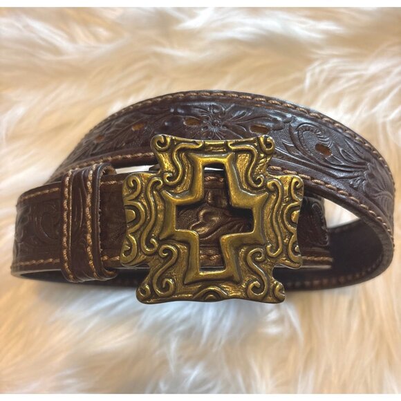 Tony Lama 34L Tooled Leather Belt With Cross Cutout Brass Buckle Made In USA - Picture 1 of 9